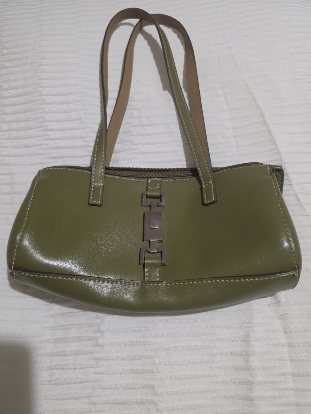 Vintage Y2k Olive Green Leather Shoulder Bag with Silver Hardware